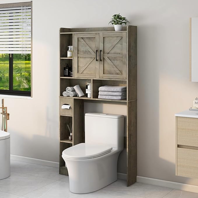 Over The Toilet Storage Cabinet, Farmhouse Storage Cabinet Over Toilet with 2 Barn Door & Toilet Paper Holder Stand，Home Space-Saving Toilet Rack, for Bathroom, Restroom, Laundry