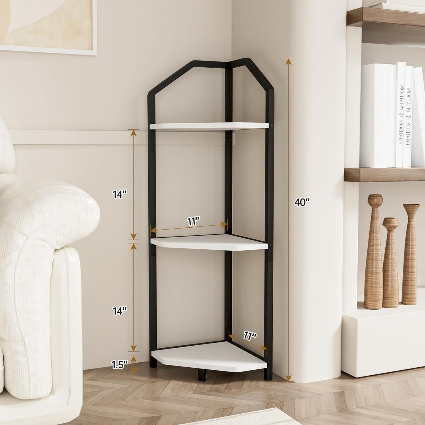 Fun Memories 3 Tier Corner Shelf, 40” Corner Shelf Stand, Corner Bookshelf Plant Stand, Storage Shelf for Bathroom, Living Room, Kitchen,Home Office, White