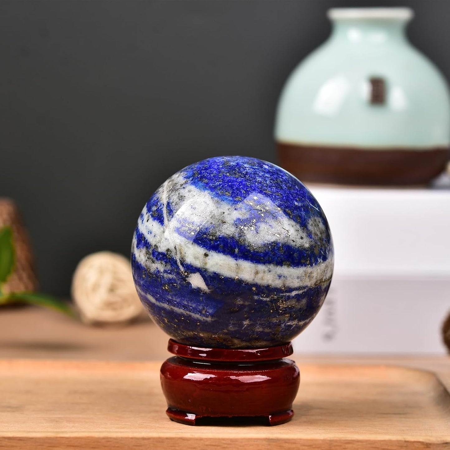 JIC Gem Lapis Lazuli Crystal Sphere Blue Quartz Crystal Ball with Wooden Stand Meditation Balls for Witchcraft and Decorative Balls 50-60mm