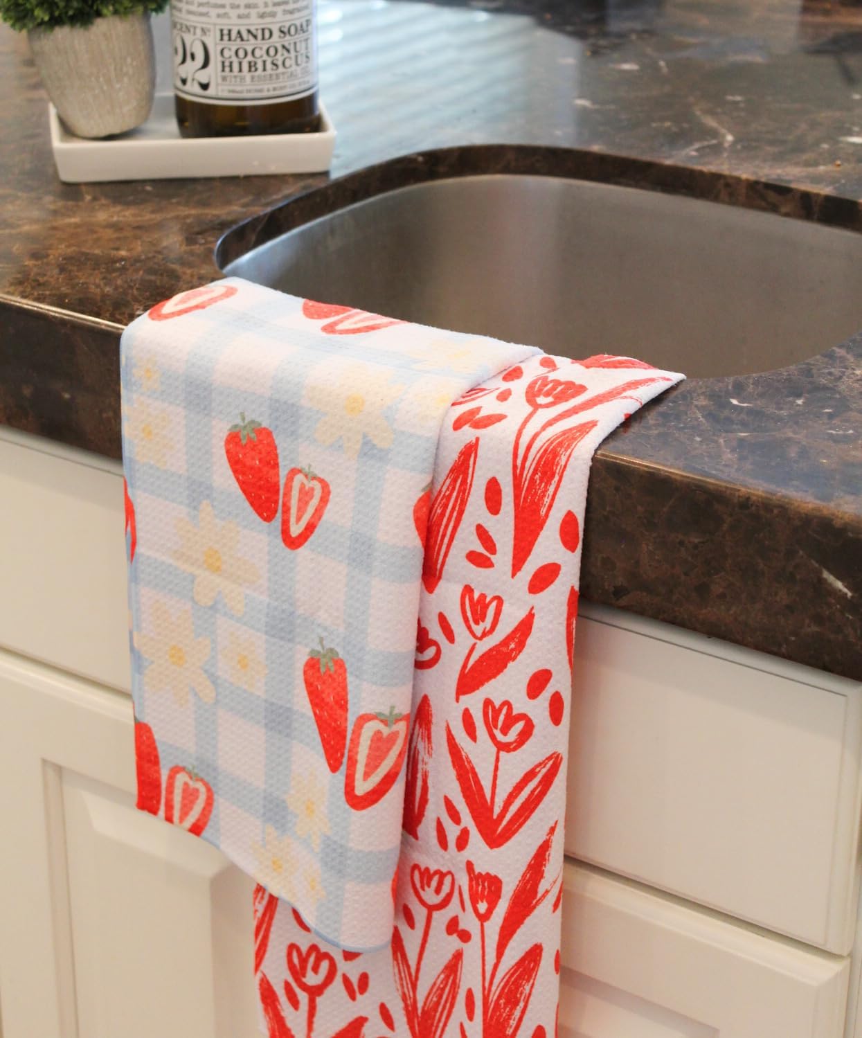 2 Pack Double Sided || Not Your Ordinary Kitchen Towels || Dish Towels || Quick Dry || Waffle Weave Microfiber || Highly Absorbent || Hanging Hook (Strawberry)