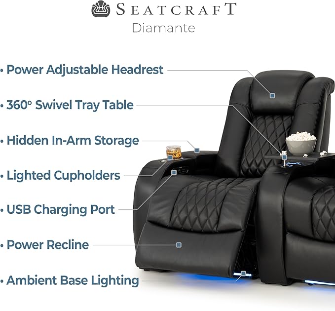 Seatcraft Diamante Zero-Gravity CoolZero Italian Leather Home Theater Seating, Power Headrest, Power Recline, Row of 5 Sofa, Black