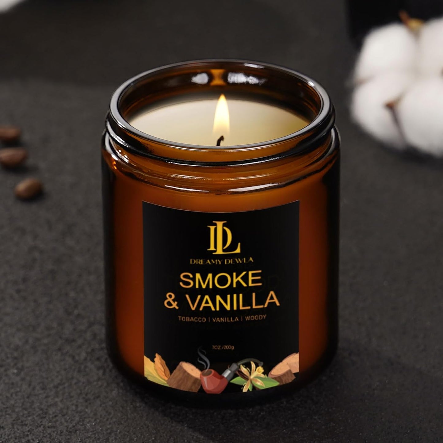 Smoke & Vanilla Candles, Smoke Vanilla Scented Candle, Natural Soy Candles for Home Scented, Long Lasting with 50 Hour Burn Time, Gifts for Men Women