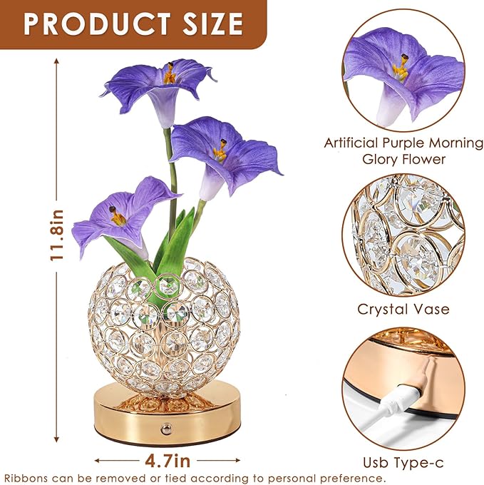 Morning Glory Flower Lamp, Rechargeable Cordless Touch Table Lamp, 3 Color Dimmable LED Night Light, Bedroom Bedside Touch Nightstand Lamp Artificial Flowers Housewamring, Gifts for Women Mom