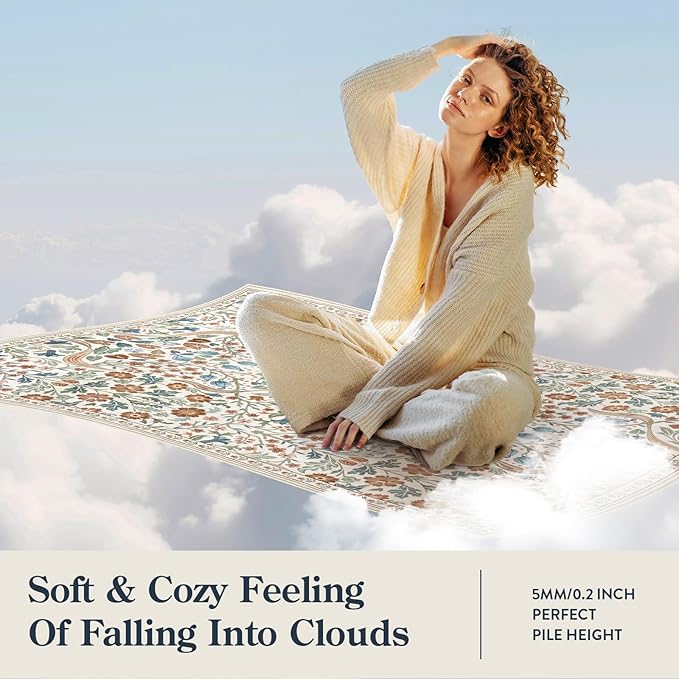 Lahome Floral 8x10 Rugs for Bedroom, Washable Beige Area Rug for Nursery Playroom, Botanical Soft Boho Carpet for Kids Room, Living Room Indoor