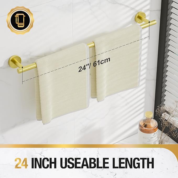 HITSLAM Gold 25.7 Inch Towel Bar for Bathroom, SUS304 Stainless Steel Bathroom Towel Rack Wall Mounted, Modern Home Decor Bath Towel Holder with Hardware Accessories