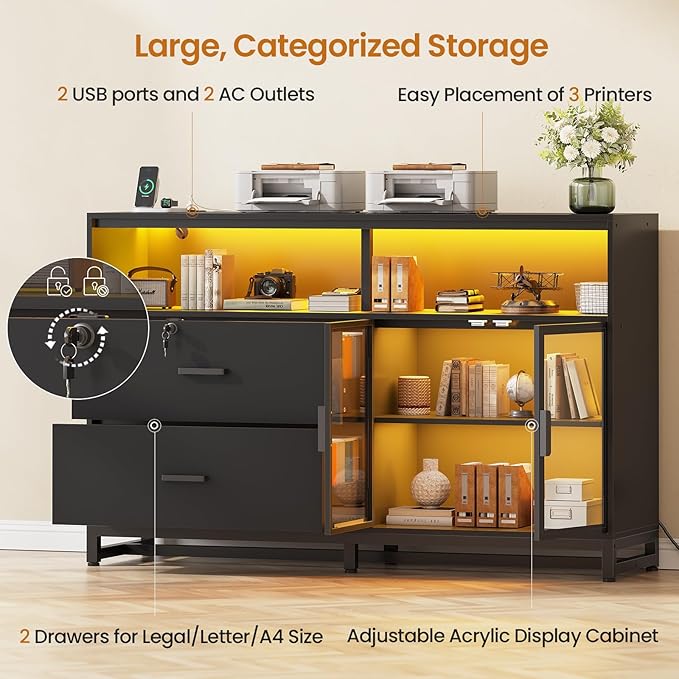 SEDETA 59" File Cabinet, 2 Drawers Filing Cabinets for Home Office fit Legal/Letter/A4 File, File Cabinet with Lock & Power Outlets, Printer Stand with Storage & LED Lights, Black