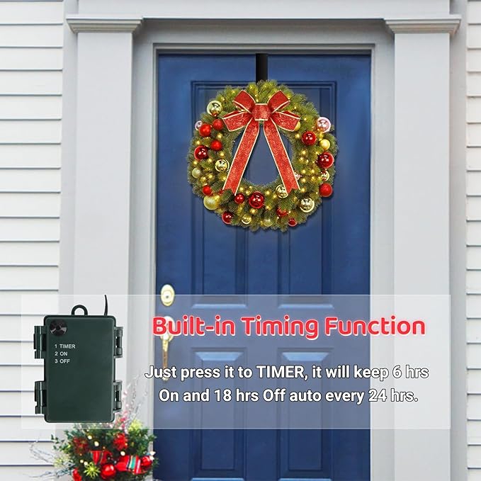 Juegoal 21 Inch Pre-Lit Christmas Wreath with Metal Hanger, Lighted Xmas Folded Wreath with 60 LED Lights, Red Bow and Colorful Balls, Battery Operated & Timer for Outdoor Home Window Wall Front Door