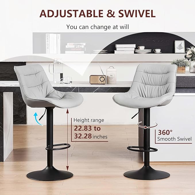 Kidol & Shellder Bar Stools Set of 2 Adjustable Swivel Gray, PU Leather Upholstered with Back, Modern Counter Height Stools for Kitchen Island, Home Bar