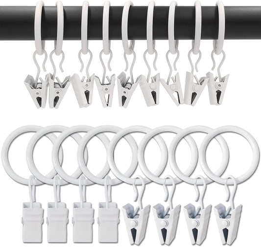 100 Pack Metal Curtain Rings with Clips, Drapery Clips with Rings, Drapes Rings 1 inch Inner Diameter, Fits Diameter 5/8 inch Curtain Rods, White