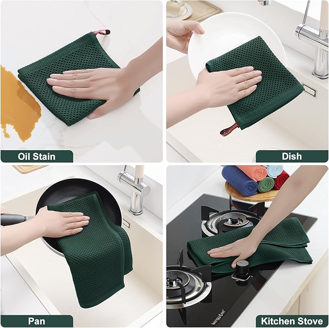 Homaxy 100% Cotton Kitchen Towels and Dishcloths Set, 12 x 12 Inches and 13 x 28 Inches, Set of 12 Bulk Kitchen Towels Set, Ultra Soft Absorbent Dish Cloths for Washing Dishes, Blackish Green