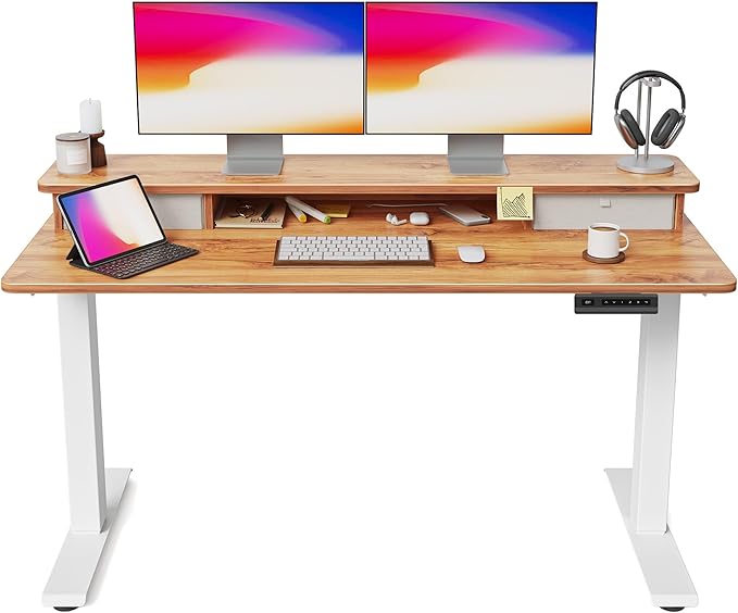 FEZIBO 55 x 24 Inch Height Adjustable Electric Standing Desk with Double Drawer, Computer Desk, Home Office Stand Up Table with 4 Height-Adjustable Feets & 2 Hooks, Light Rustic