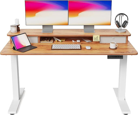 FEZIBO 55 x 24 Inch Height Adjustable Electric Standing Desk with Double Drawer, Computer Desk, Home Office Stand Up Table with 4 Height-Adjustable Feets & 2 Hooks, Light Rustic
