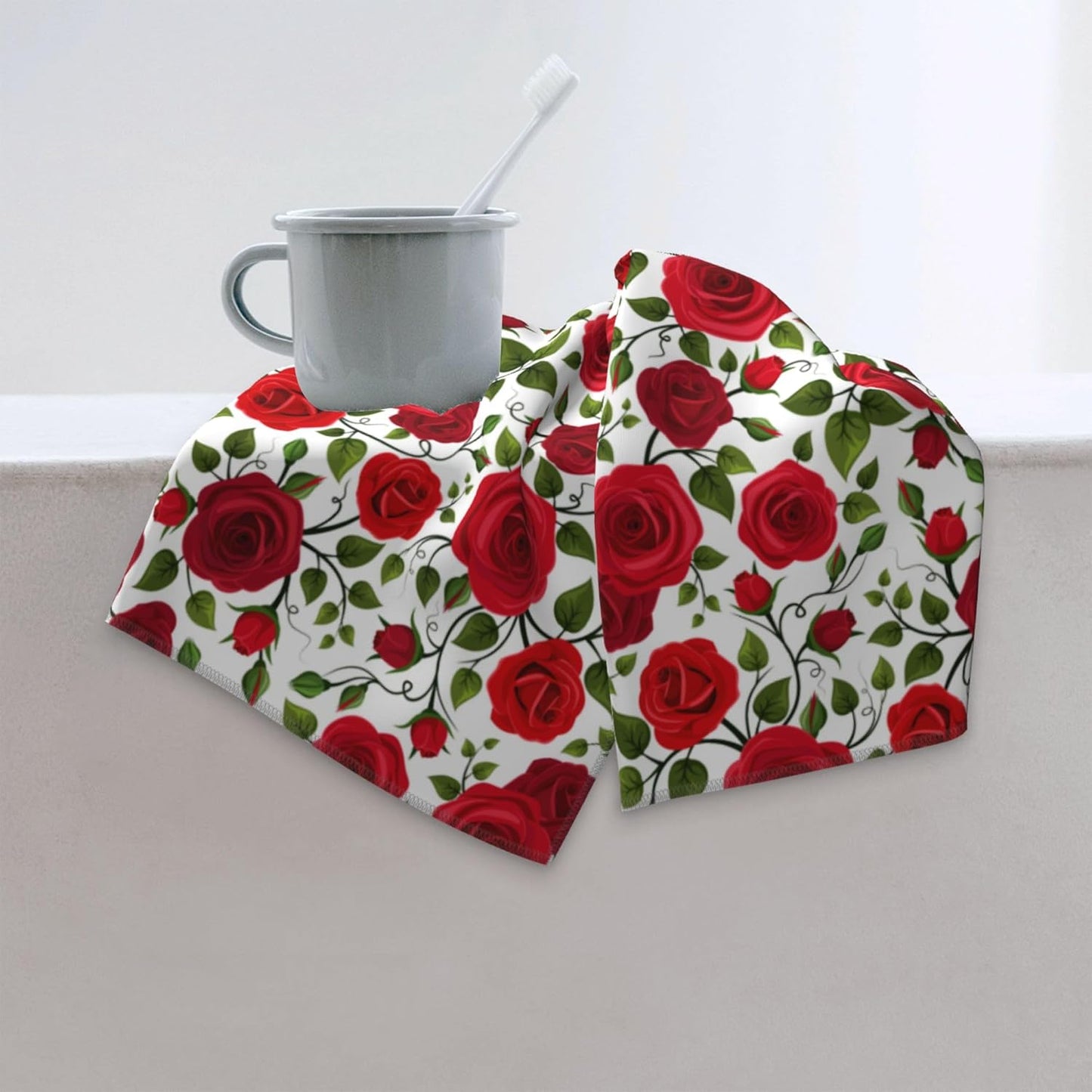 Red Rose Bath Hand Towels Decorative Set of 2, Soft Absorbent Flower Hand Towels for Bathroom Gym Hotel Spa Home Decor 14x28 Inch Bathroom Decorative Towels