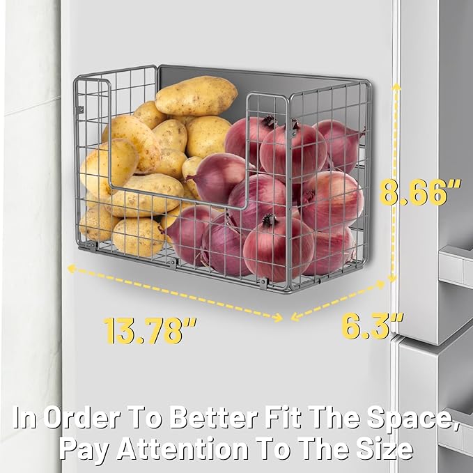 Ofiray-home Magnetic Fridge Shelf, Fruit Potato & Onion Storage Bins, Pantry Organizers, Large Container Basket for Refrigerator, Kitchen Counter, Cabinet (1, Silver)