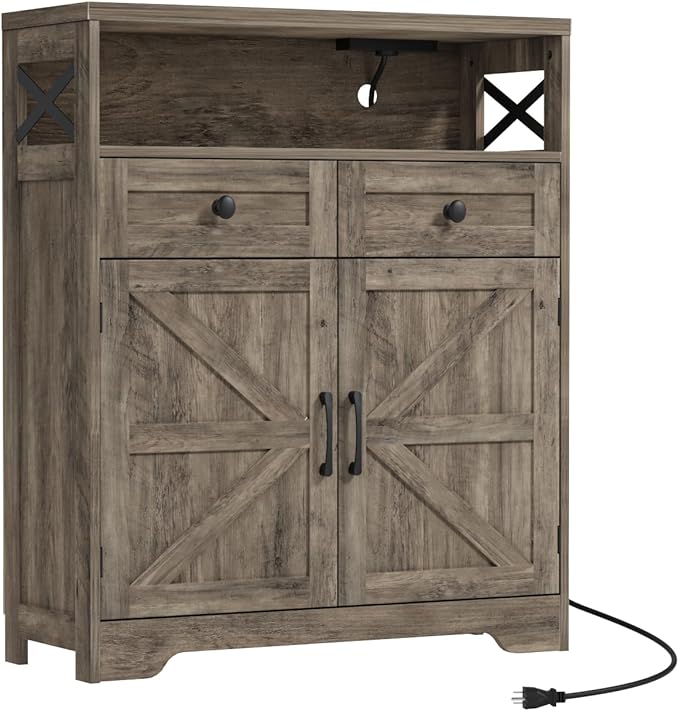 31.5" Rustic Grey Farmhouse Storage Cabinet with Barn Doors and Drawers, Sideboard Buffet Cabinet with Storage, Kitchen Pantry Hutch, Coffee Bar Station Table for Kitchen, Livingroom, Bathroom