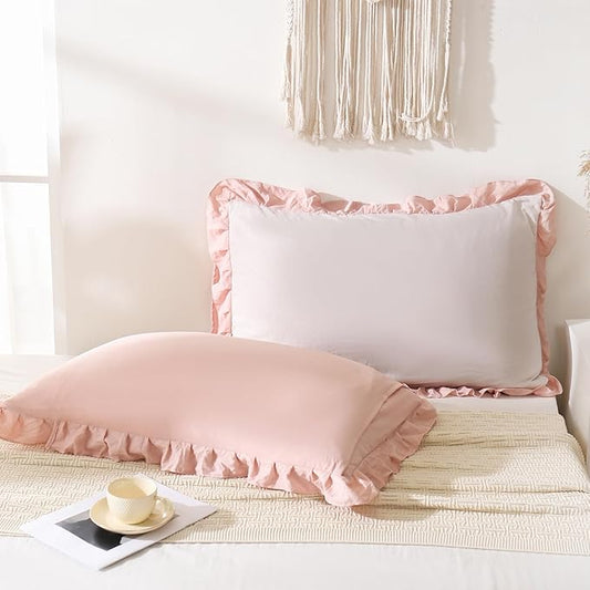 Merryword Pink and Beige Reversible King Pillow Shams - Cute Ruffled Pillowcases Set of 2, Soft Shabby Chic Cover (20"x36")