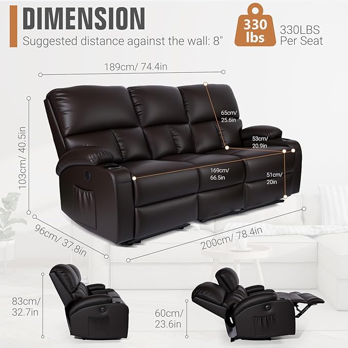 Home Theater Seating,RV Recliner Sofa with Massage and Heat,Manual RV Recliner Loveseat with USB/Cup Holders and Side Pocket for Living Room,3 Seater Brown