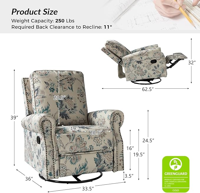HULALA Home Modern Rocker Recliner, Printed Fabric Swivel Glider with Adjustable Backrest & Footrest, Teal