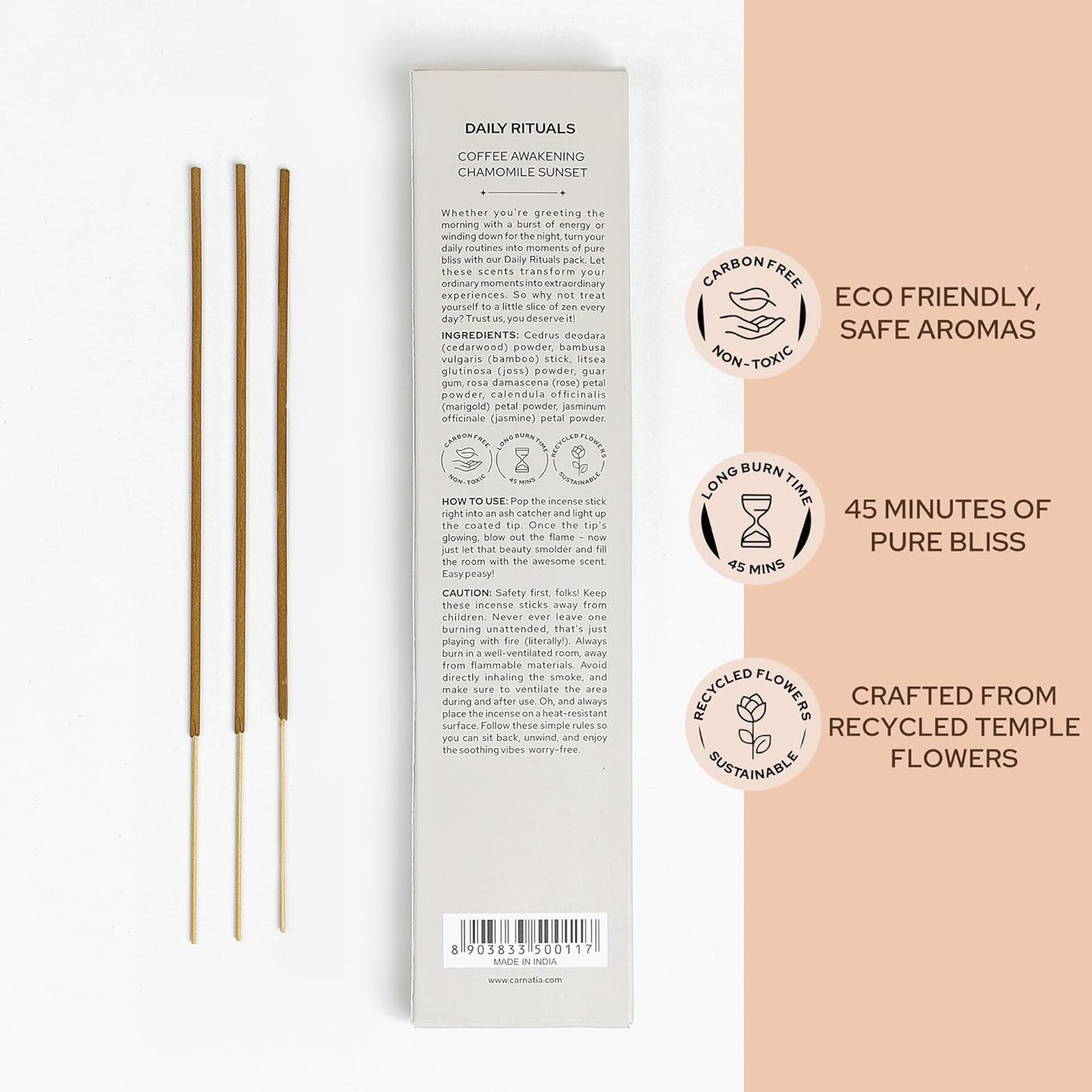 Carnatia Daily Rituals Incense Sticks Set – Coffee & Chamomile Scents for Morning Energy & Evening Relaxation | 100% Natural, Handcrafted Incense for Daily Wellness & Mindful Moments