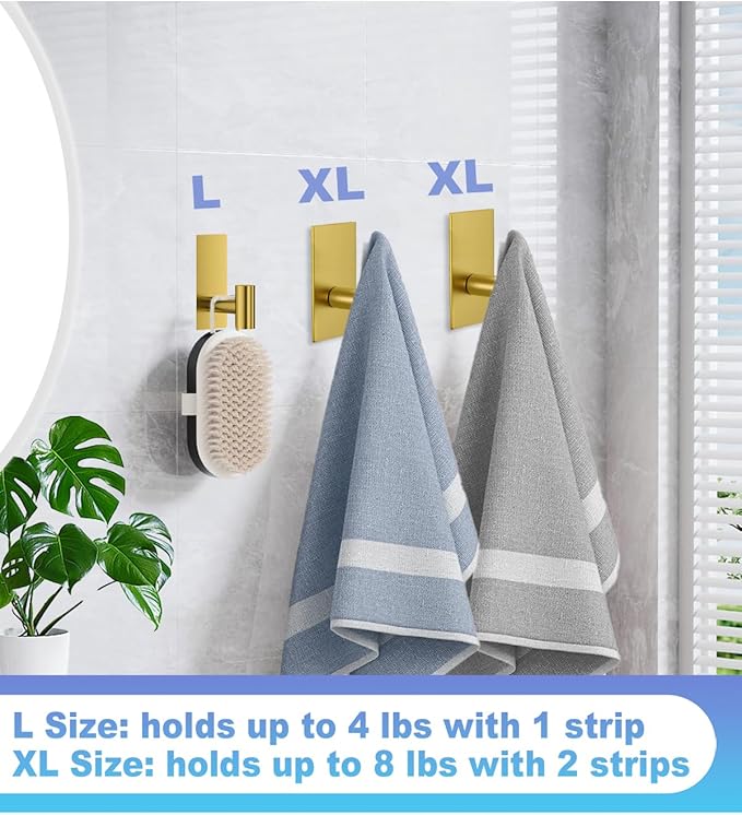 4 Pcs Towel Hooks Heavy Duty for Hanging，Adhesive Wall Hooks with Removable Strips，Sticky No Damage，Outdoor for Bathrooms，Shower，Stockings，Decor，Robe，Large，Gold 304 Stainless Steel