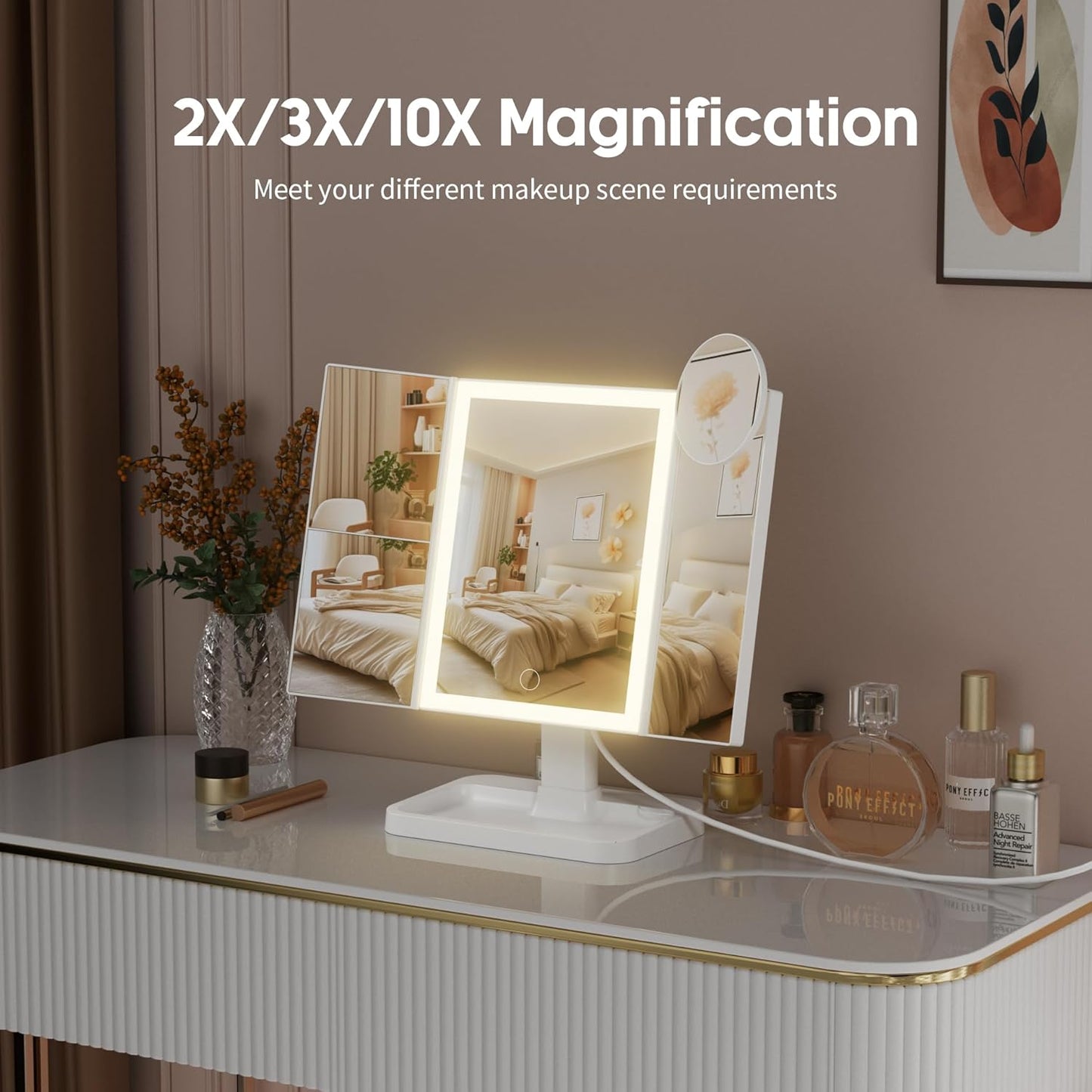 Makeup Vanity Mirror with Lights, Rechargeable Lighted Makeup Mirror with 2X 3X 10X Magnification, Led Makeup Mirror with 3 Colors Lights, Portable Mirror for Travel Desk, Gifts for Women Girls