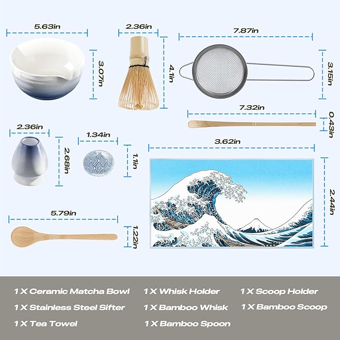 Matcha Whisk Set - 8 Pcs Tea Set with Bamboo Whisk and Holder, Ceramic Bowl, Bamboo Scoop and Spoon,Scoop Rest, Sifter & Tea Towel, Japanese Home Matcha Kit for Authentic Ceremony (Blue)