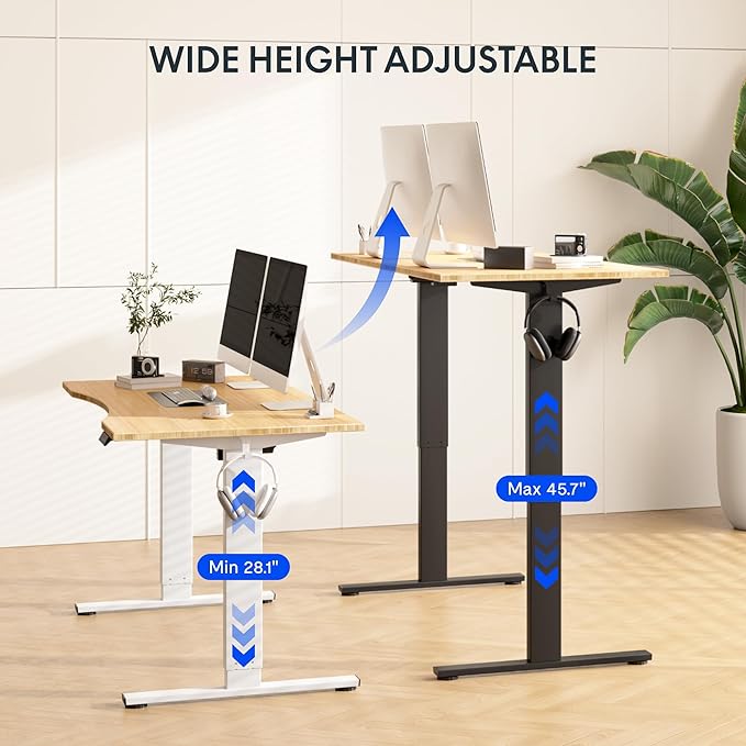 FLEXISPOT EN1 Bamboo Standing Desk, 48 x 24 Inches Whole-Piece Electric Adjustable Height Desk, Home Office Table Stand up Desk (Black Frame + Bamboo Curved Desktop, 2 Packages)