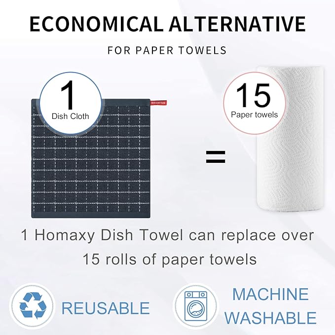 Homaxy 100% Cotton Terry Kitchen Dish Cloths, Ultra Soft and Absorbent Dish Towels for Kitchen, Suitable for Drying and Washing Dishes, 6 Pack, 12 x 12 Inches, Dark Grey