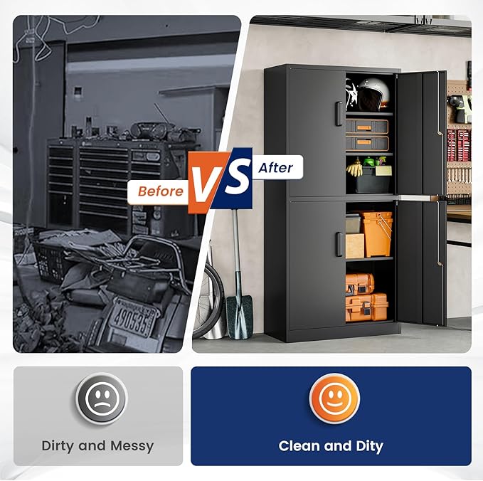 Yizosh Metal Storage Locking Cabinet with 4 Doors and 2 Adjustable Shelves,71" Lockable Garage Tall Steel Cabinet,for Home Office,Living Room,Pantry,Gym,Commercial Storage (Black)