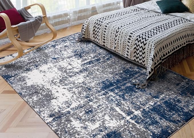 Keen Home Design Area Rugs - 9x12 Non-Shedding, Abstract Rugs for Kitchen, Living Room, Bedroom, Dining Room, Entryway - Size: 9'2" x 11'11", Navy/Grey/White