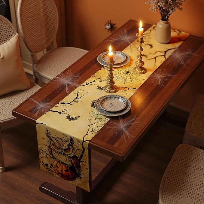 Halloween Table Runner with Owls, Bats & Spiders, Table Decoration for Dining Party and Home Decor,72x13 inches