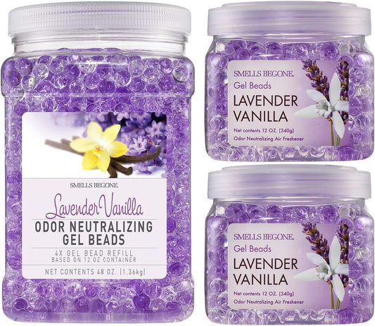 SMELLS BEGONE Odor Eliminator Gel Bead Value Pack - 72 oz - Air Freshener - Eliminates Odors in Bathrooms, Pet Areas, Boats, RVs & Cars - Made with Essential Oils - Lavender Vanilla Scent