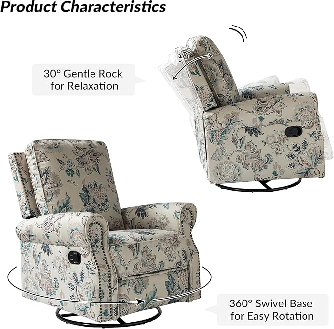 HULALA Home Rocker Recliner Set of 2, Modern Printed Fabric Swivel Glider with Adjustable Backrest & Footrest, Teal