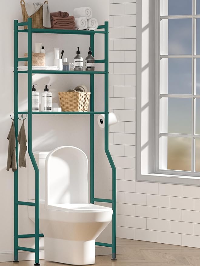 3 Tier Over The Toilet Storage Rack with 2 Basket, Metal Freestanding Bathroom Shelves Toilet with Paper Holder and 4 Hooks, Over Toilet Storage Shelf for Bathroom Storage, Green