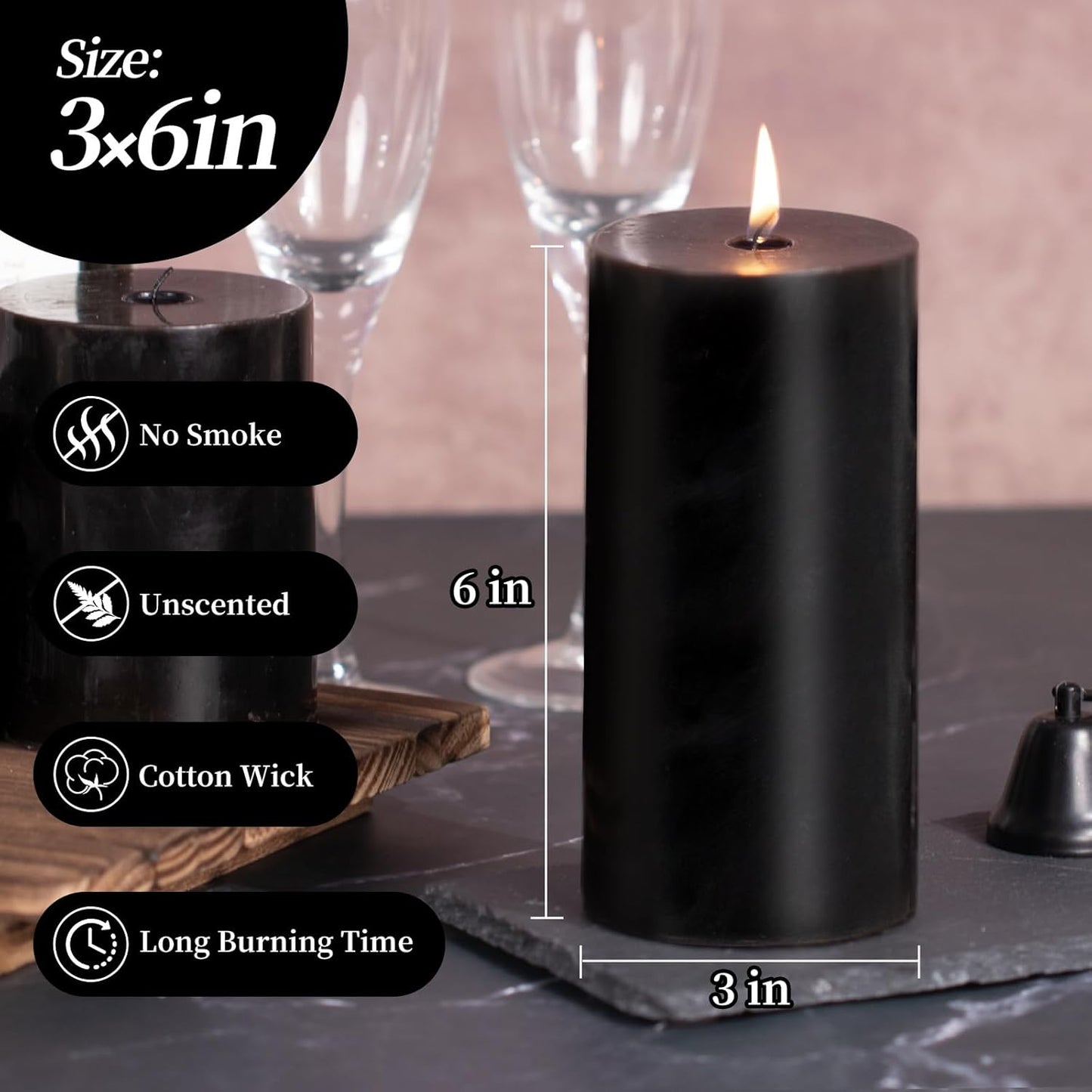 KONNI Black Pillar Candles Set of 3, 3"x 6" Unscented Pillar Candles Bulk, 56 Hours Long Burning Candles, Smokeless&Dripless Large Round Candle for Wedding, Home Decoration, Parties, Spas, Dinner