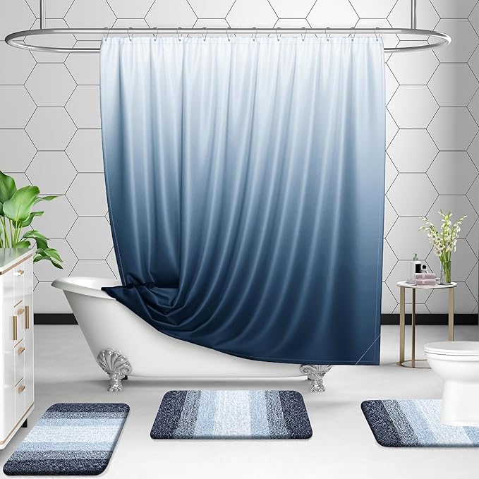 OLANLY Bathroom Rug Set 2 Piece, Soft Absorbent Microfiber Bath Mats and U-Shaped Contour Toilet Rug, Non-Slip, Machine Wash Dry, Plush Shaggy Bath Mats for Bathroom (24"x16"+24"x20", Dark Blue)