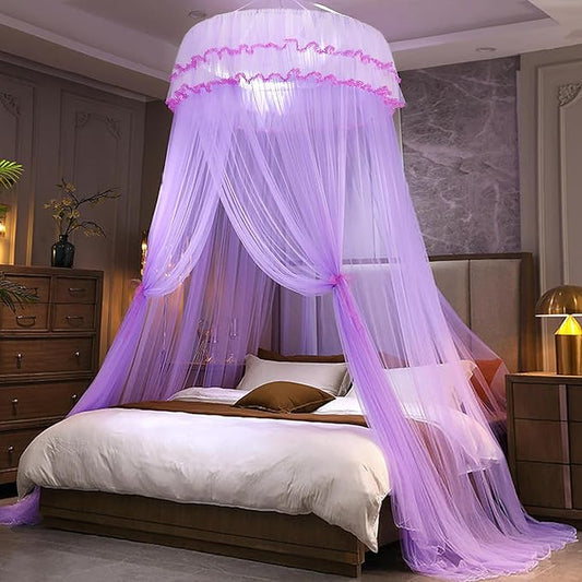 Kertnic Mosquito Net Bed Canopy for Girls, Princess Canopy Bed Curtain Fine Sheer Mesh Dome Bed Canopies, Kids & Adults Lace Tent for Twin Full Queen King Bed (Light Purple)
