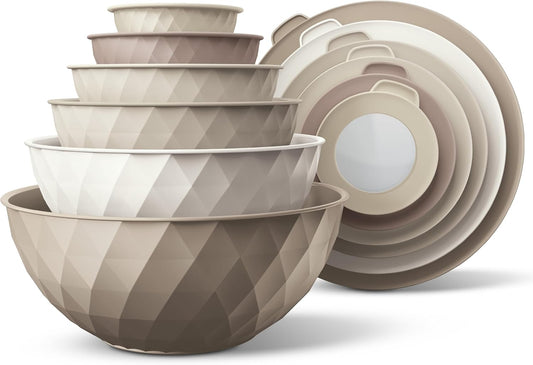 COOK WITH COLOR Mixing Bowls with Lids - 12 Piece Plastic Nesting Bowls Set includes 6 Prep Bowls and 6 Lids, Diamond Design - Microwave Safe, Brown