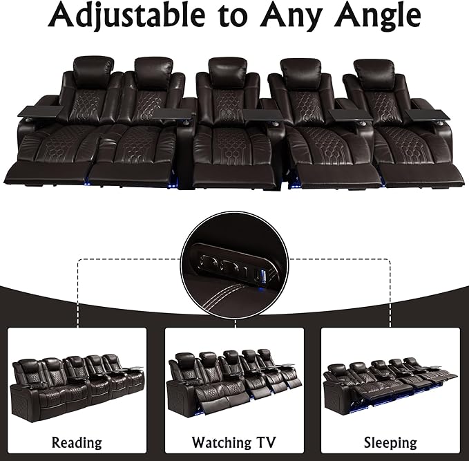 Home Theater Seating, Living Room, Heat & Massage, Powered Headrest, Powered Lumbar, Italian Leather, Powered Recline, Single Recliner (Coffee Color, Row of 5 Loveseat Left)