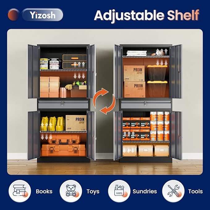 Yizosh Metal Garage Storage Cabinet with Locking Doors and Adjustable Shelves, 71" Steel Tool Storage Cabinet with 1 Drawer for Garage,Office,Warehouse (Gray Black)