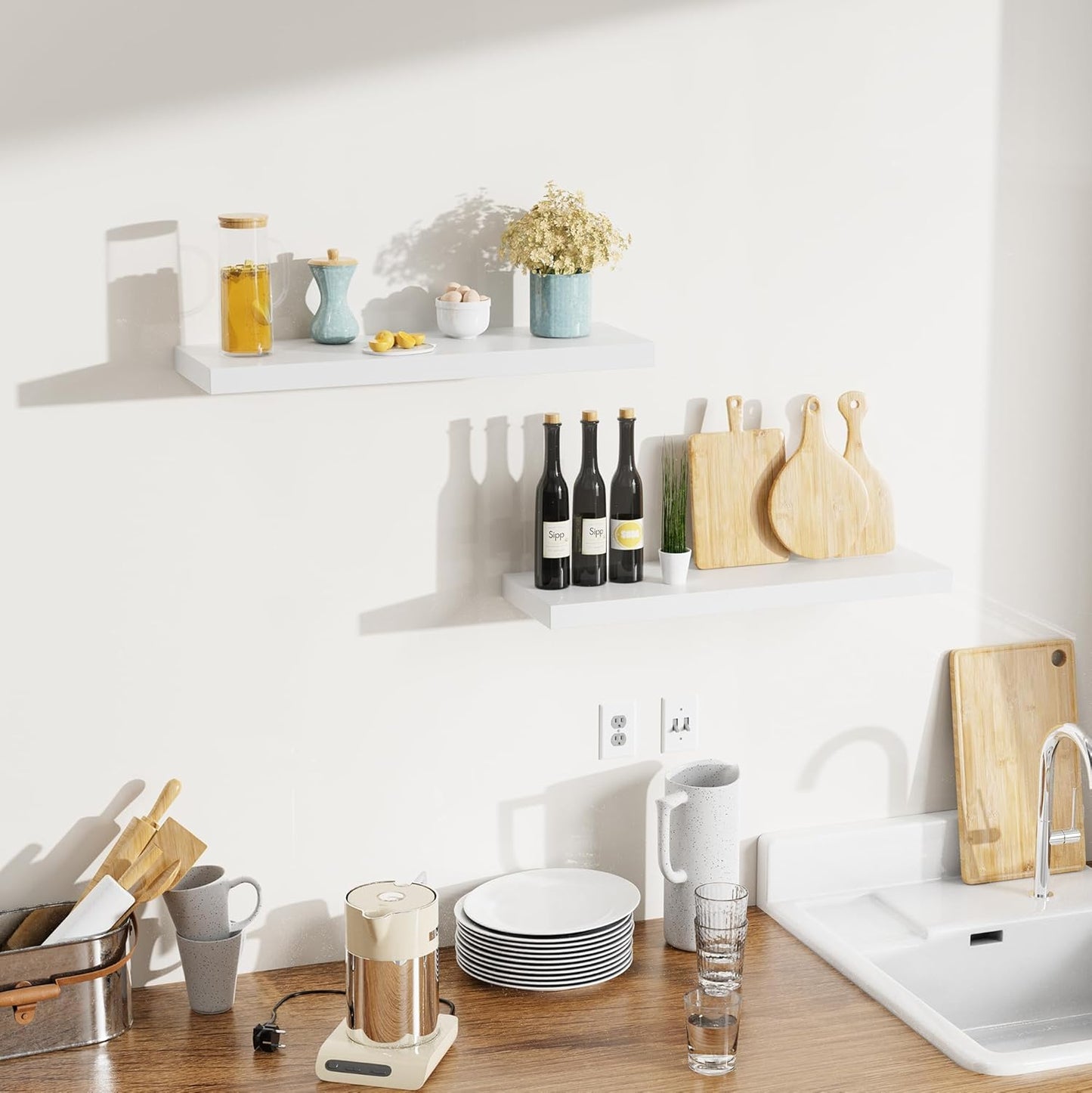 Bellsal Floating Shelves - White Engineered Wood Wall Shelf Set of 2, 24" Wall Mounted Floating Shelf for Kitchen, Living Room, Bedroom, Bathroom Storage, Book Shelf for Home Decor