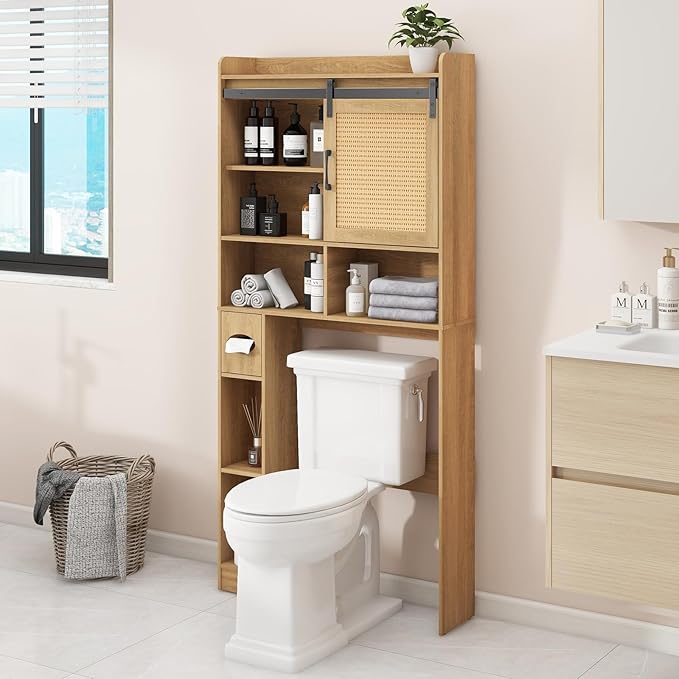 Over The Toilet Storage Cabinet, Farmhouse Rattan Storage Cabinet Over Toilet with Sliding Doors & Toilet Paper Holder Stand, Home Space-Saving Toilet Rack, for Bathroom, Laundry(Rattan Oak).