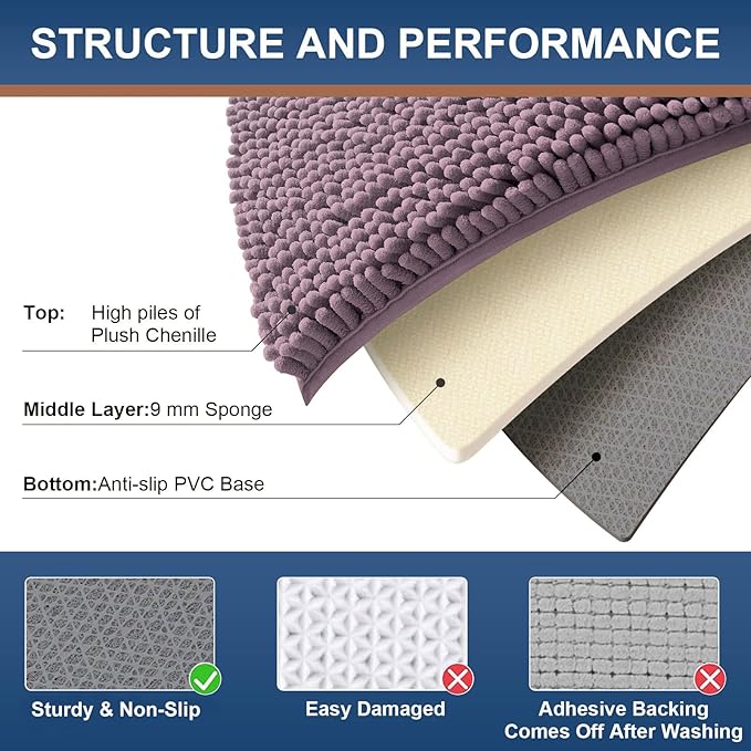 Smiry Luxury Chenille Bathroom Rugs 30x20, Extra Soft and Absorbent Shaggy Bath Mat, Machine Washable, Non-Slip Plush Carpet Runner for Tub, Shower, and Floor, Home Decor Accessories, Deep Plum