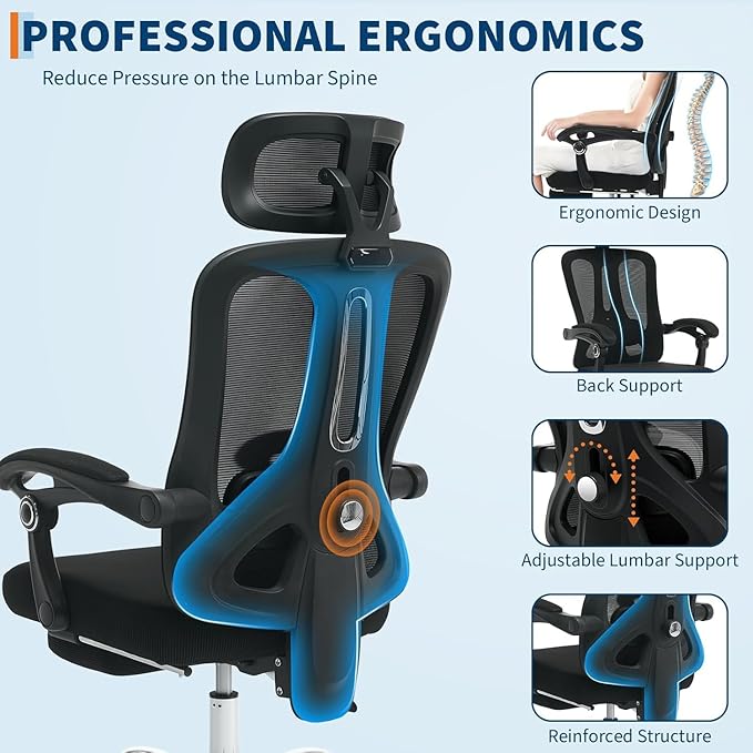 Ergonomic Office Chair, Adjustable Headrest and Lumbar Support, Retractable Footrest, HomeOffice Computer Executive Desk and Chair with Wheels for Home Office,Black with Pillow