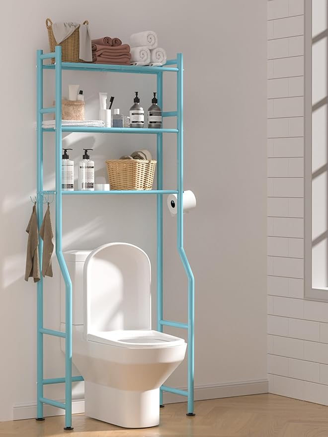 3-Tier Over The Toilet Storage, Space Saver Metal Bathroom Shelves, Freestanding Above Over Toilet Storage Shelf with 4 Hooks for Bathroom, Blue