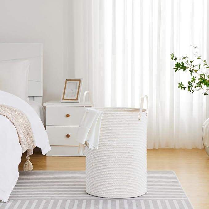 VIPOSCO Tall Laundry Basket, Large Dirty Clothes Hamper with Leather Handle, Woven Rope Storage Basket for Blanket, Toy In Living Room, Bathroom, Bedroom - 72L White