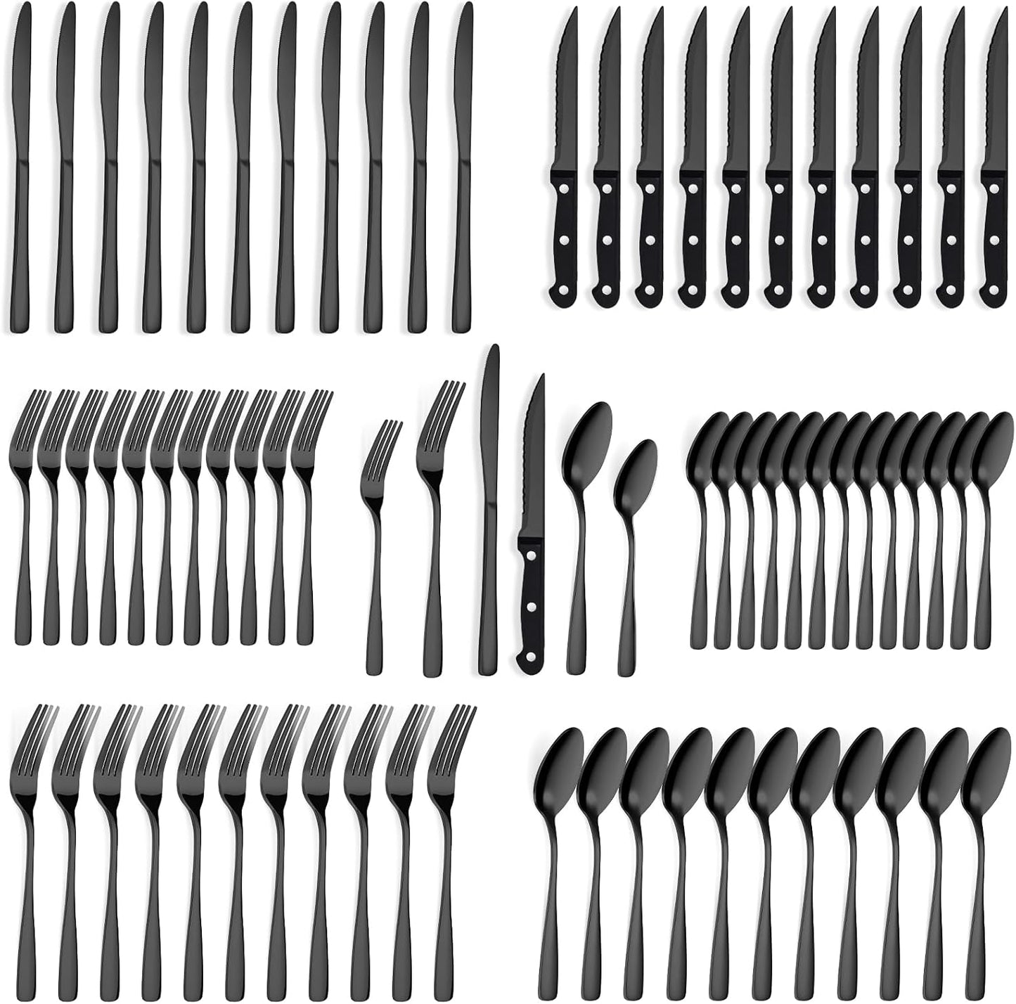 BEWOS 72-Pieces Black Silverware Set for 12 - Stainless Steel Flatware Set with Mirror Polish, Black Silverware Set Including Steak Knives, Forks and Spoons, Dishwasher Safe for Restaurant