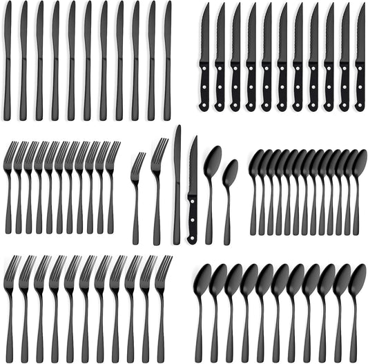 BEWOS 72-Pieces Black Silverware Set for 12 - Stainless Steel Flatware Set with Mirror Polish, Black Silverware Set Including Steak Knives, Forks and Spoons, Dishwasher Safe for Restaurant