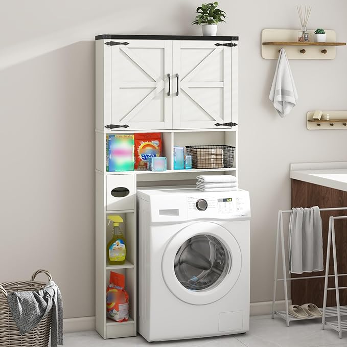 Over The Toilet Storage Cabinet, Farmhouse Storage Cabinet Over Toilet with 2 Barn Doors && Toilet Paper Holder Stand，Home Space-Saving Toilet Rack, for Bathroom, Laundry, Restroom.