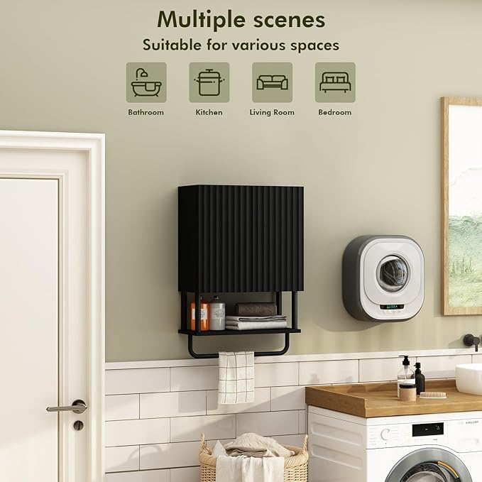 RUSTOWN Fluted Bathroom Wall Cabinet with 2 Doors, 3-Tier Modern Farmhouse Medicine Cabinet, Over The Toilet Storage Cabinet with Adjustable Shelf and Towel Bar(Black, Small)